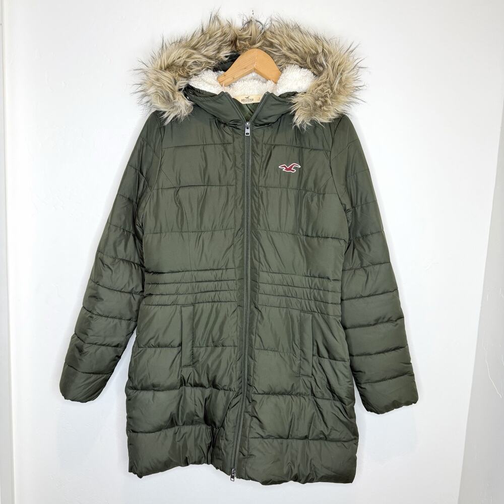 Holister Y2K Puffer Jacket Womens Large Green Faux Fur Hood Long